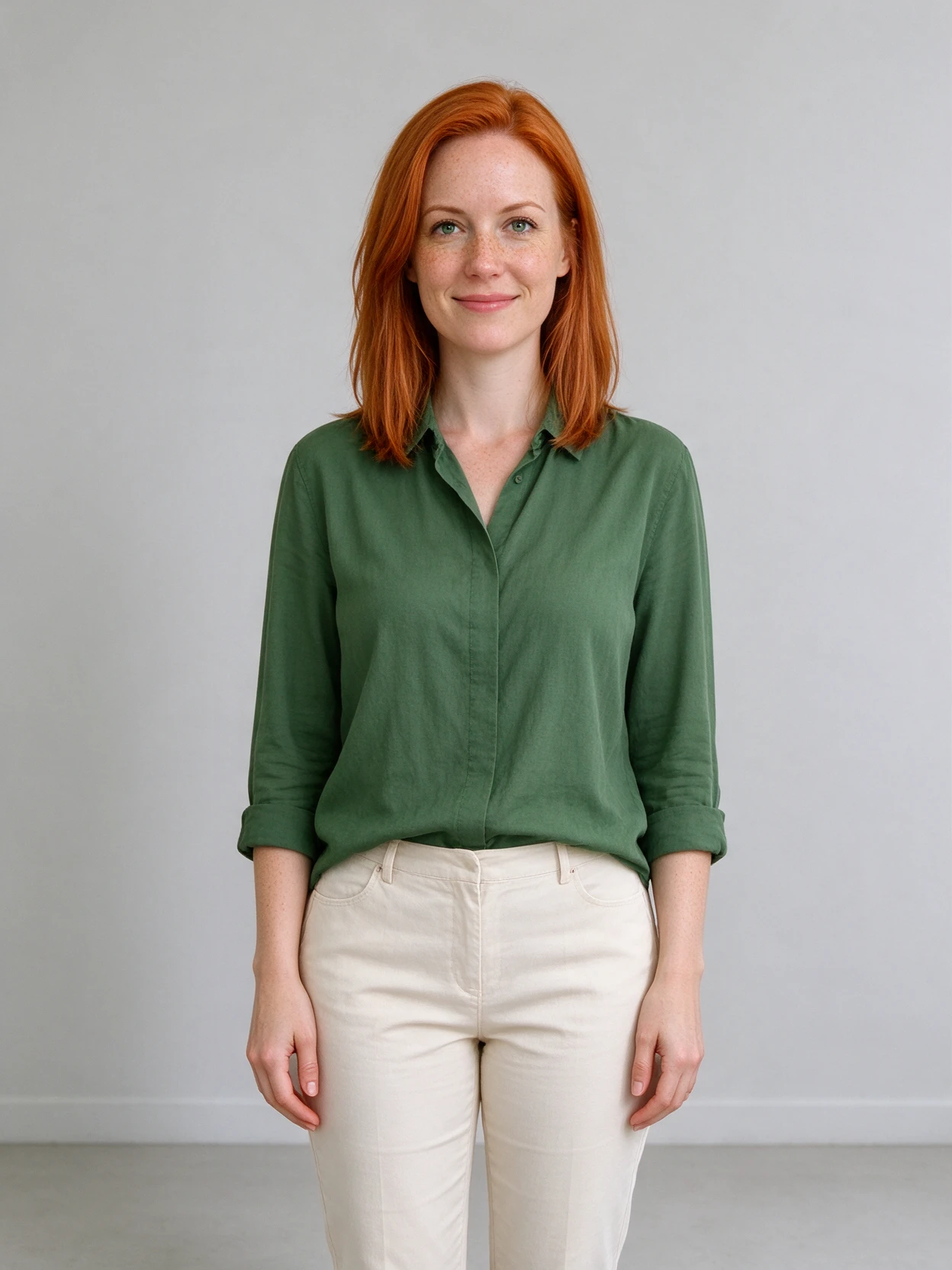 An AI-created red-haired woman in a green shirt used as the portrait input