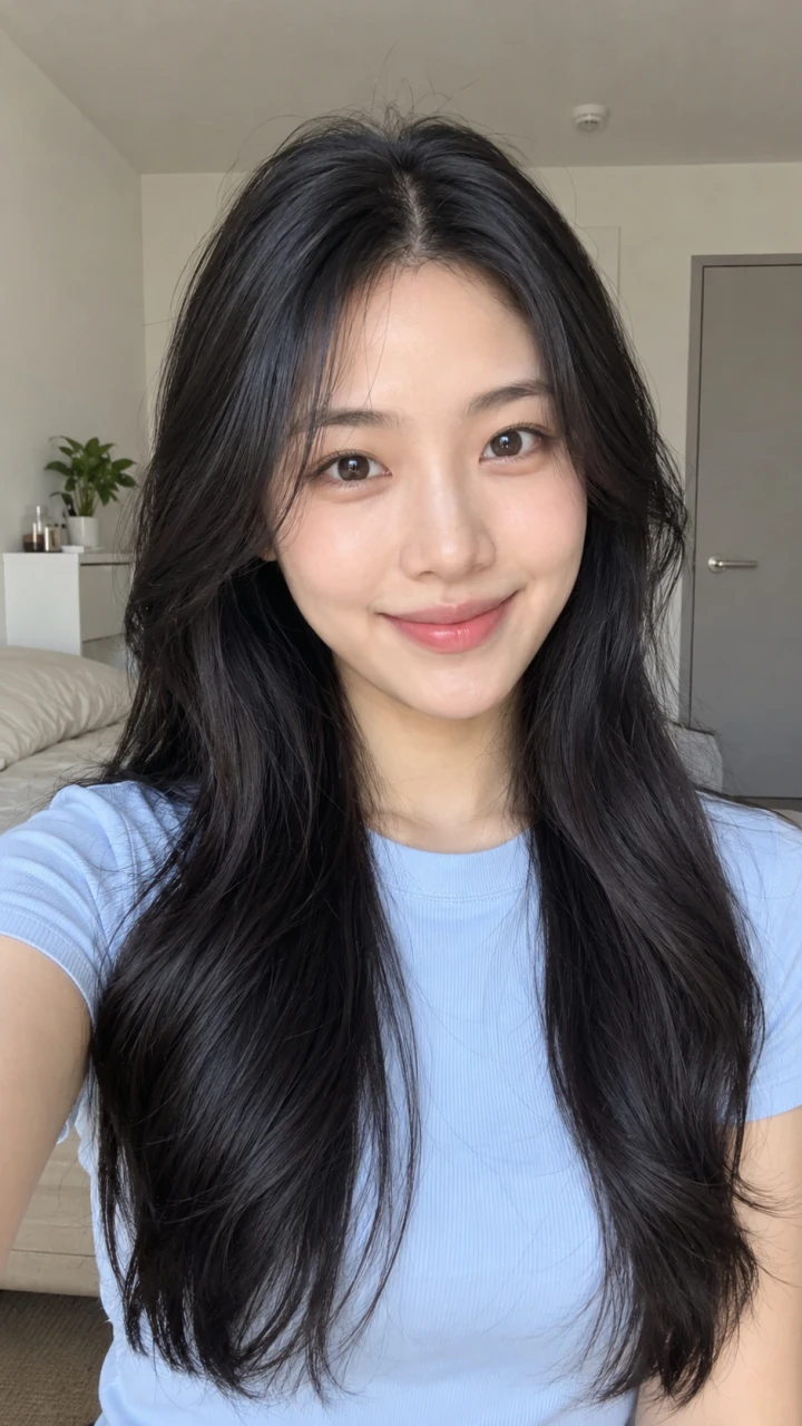 An AI-created woman with long black hair used as the portrait input