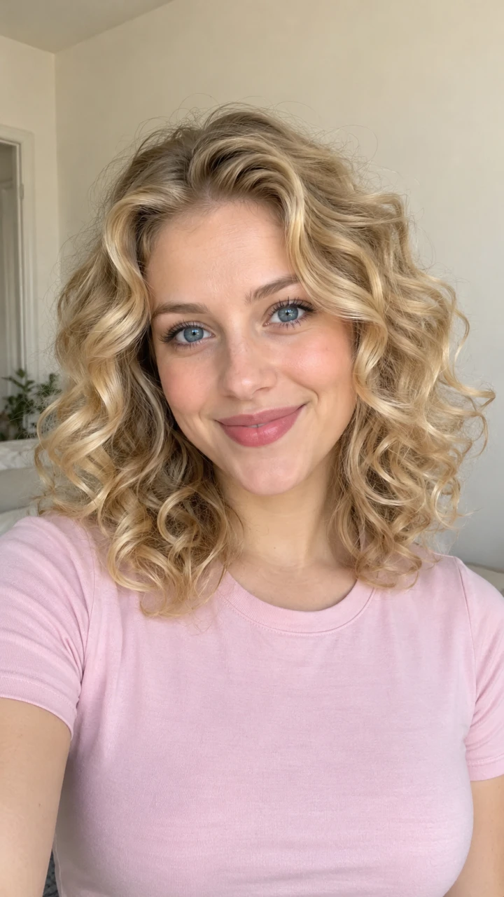 An AI-created woman with golden curls used as the portrait input